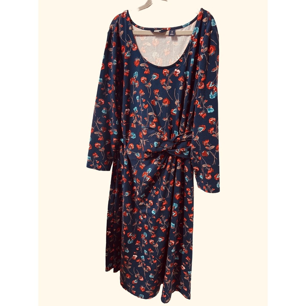 Lands End Women Blue Floral Dress Twist Waist 3/4 Sleeve Casual Knit Midi Size S